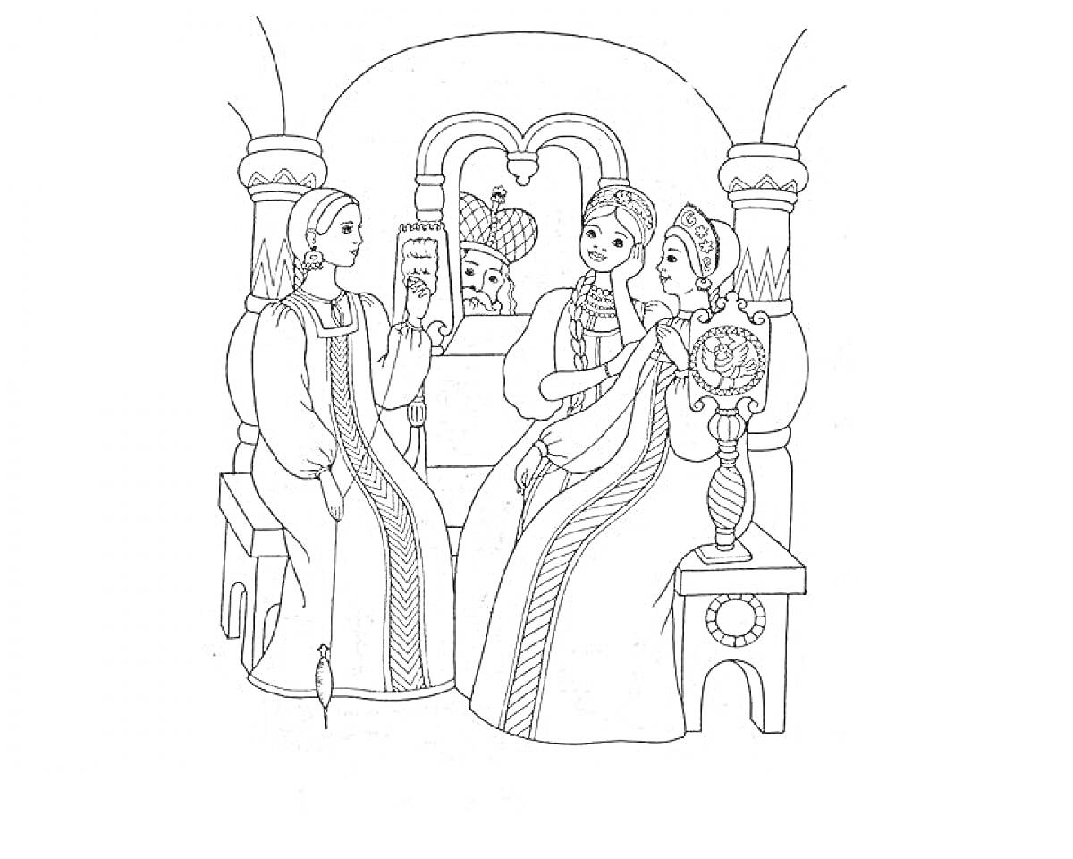 На раскраске изображено: Царь Салтан, Мужчина, Иллюстрация, Дворец