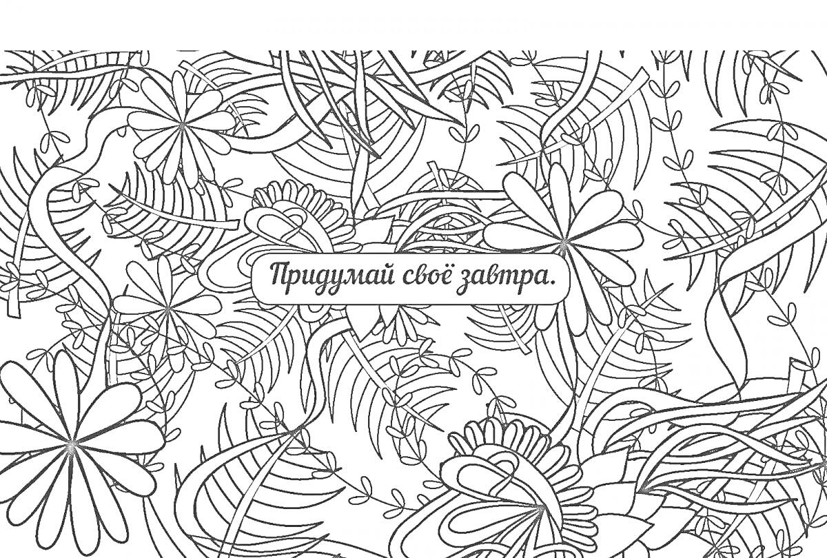 На раскраске изображено: Мотиватор, Цветы, Листья, Заросли, Вдохновение, Творчество, Расслабление, Антистресс, Природа, Узоры