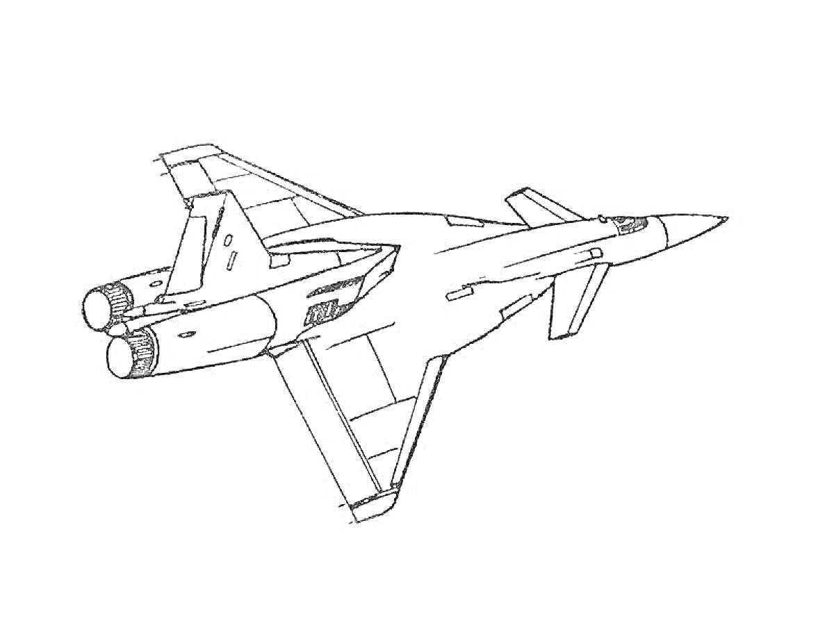 Раскраска Истребитель с двумя реактивными двигателями, вид сверху
