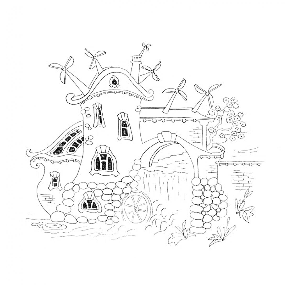 На раскраске изображено: Сказочный домик, Мельницы, Арка, Каменная стена, Цветы, Природа, Фантазия