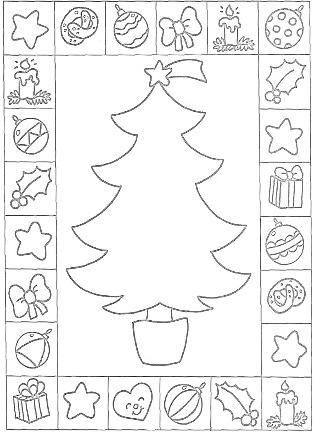 На раскраске изображено: Новый год, Рождество, Елка, Игрушки, Подарки, Свечи, Банты, Еловые ветки, Звезды, Колокольчик