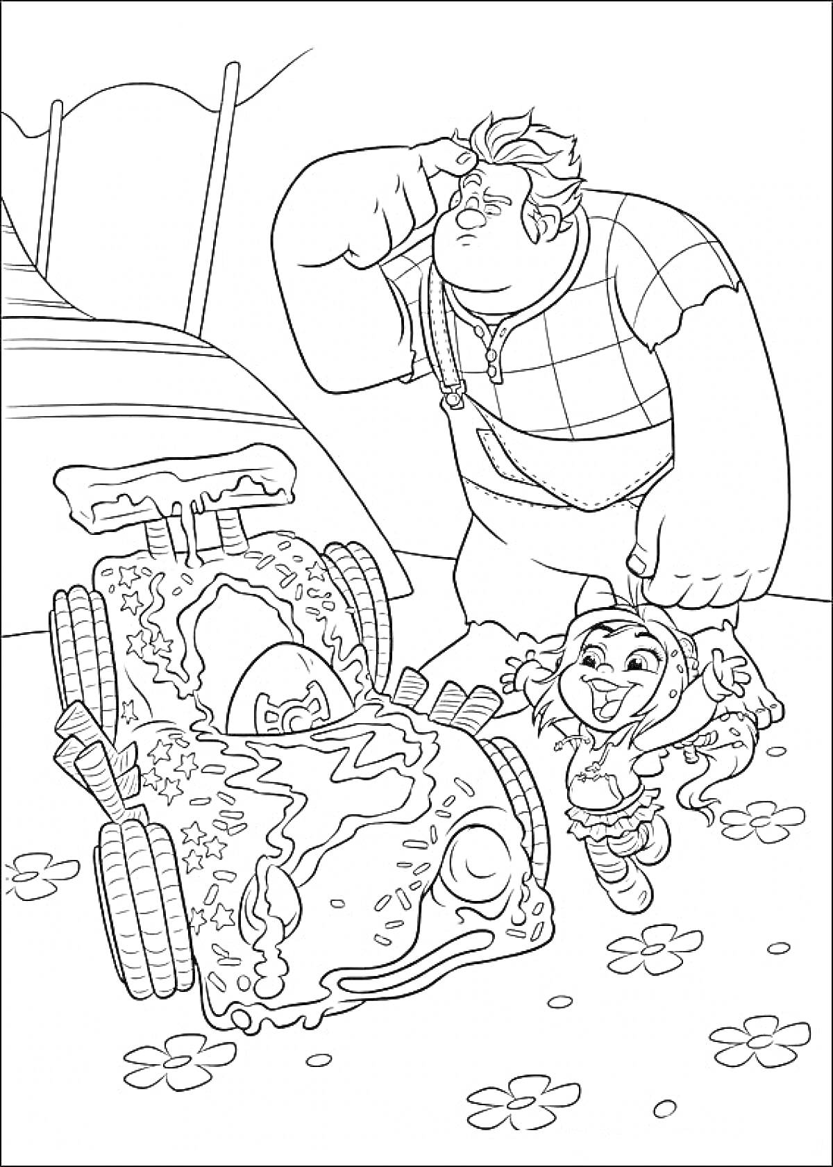 Раскраска Человек в клетчатой рубашке с суровым выражением лица и девочка с радостным лицом рядом с украшенной машиной с картой