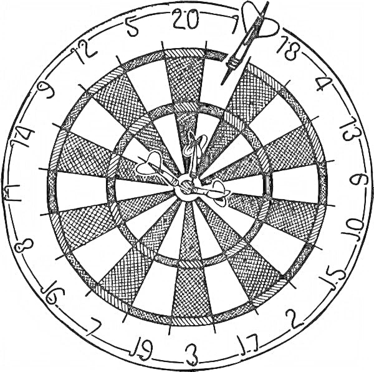 Раскраска дартс с мишенью и дротиками