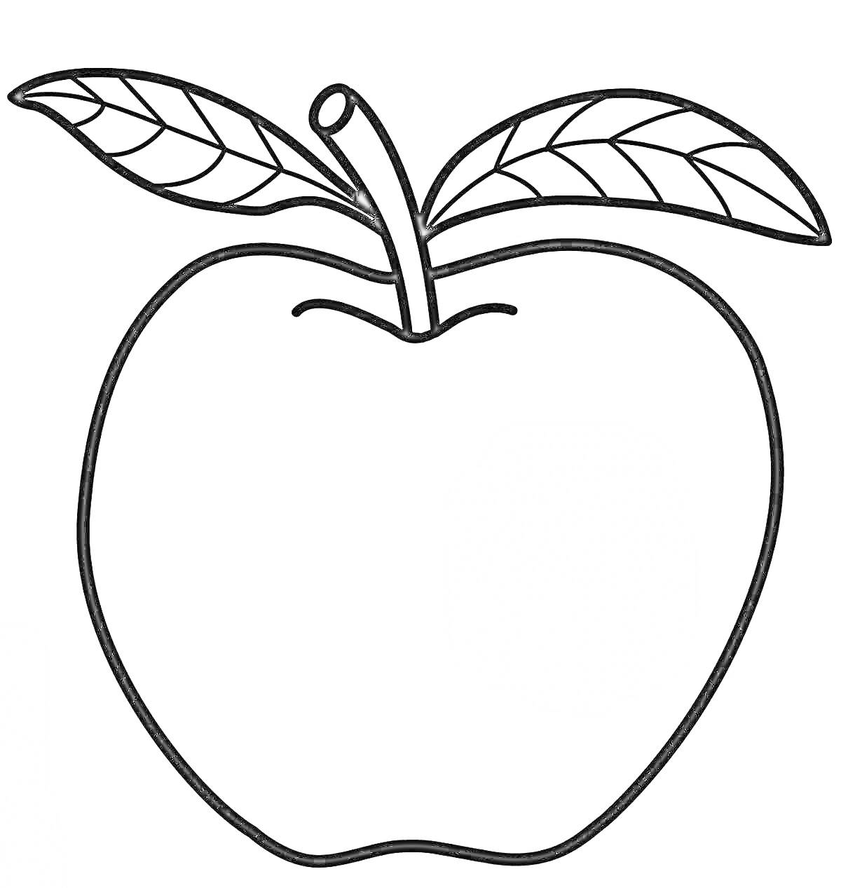 Раскраска Раскраска яблоко с двумя листьями на веточке