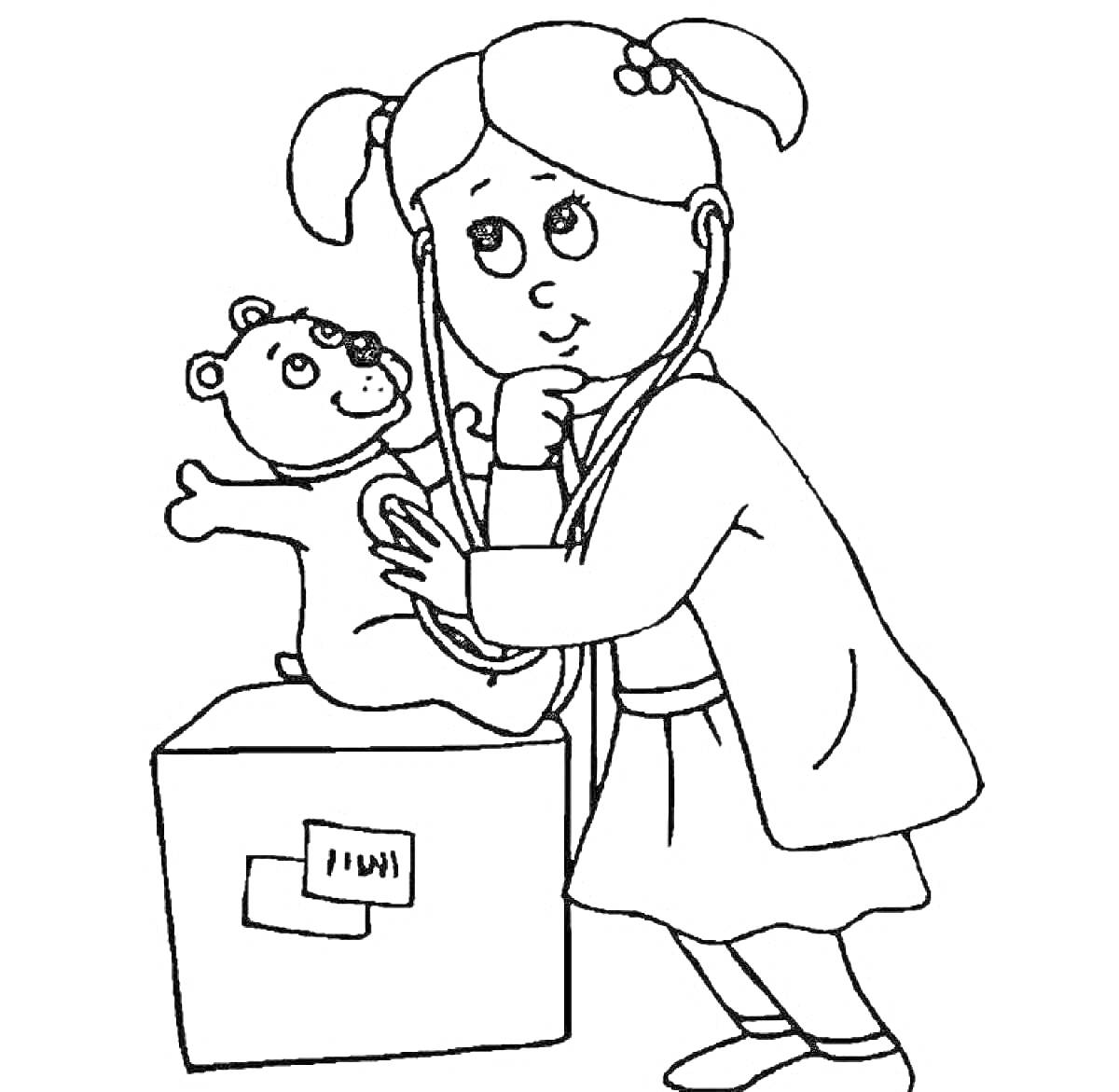Раскраска Девочка-врач слушает стетоскопом плюшевого мишку, стоящего на коробке
