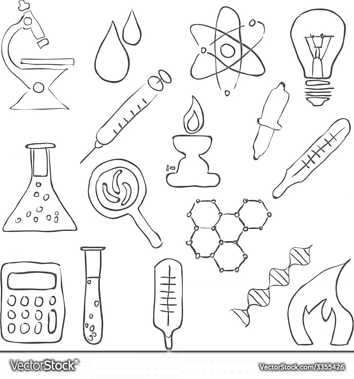 На раскраске изображено: Лаборатория, Микроскоп, Капли, Атом, Шприц, Горелка, Градусник, Колба, Бактерии, Увеличительное стекло, Молекула, Калькулятор, ДНК, Пламя, Наука, Химия, Биология