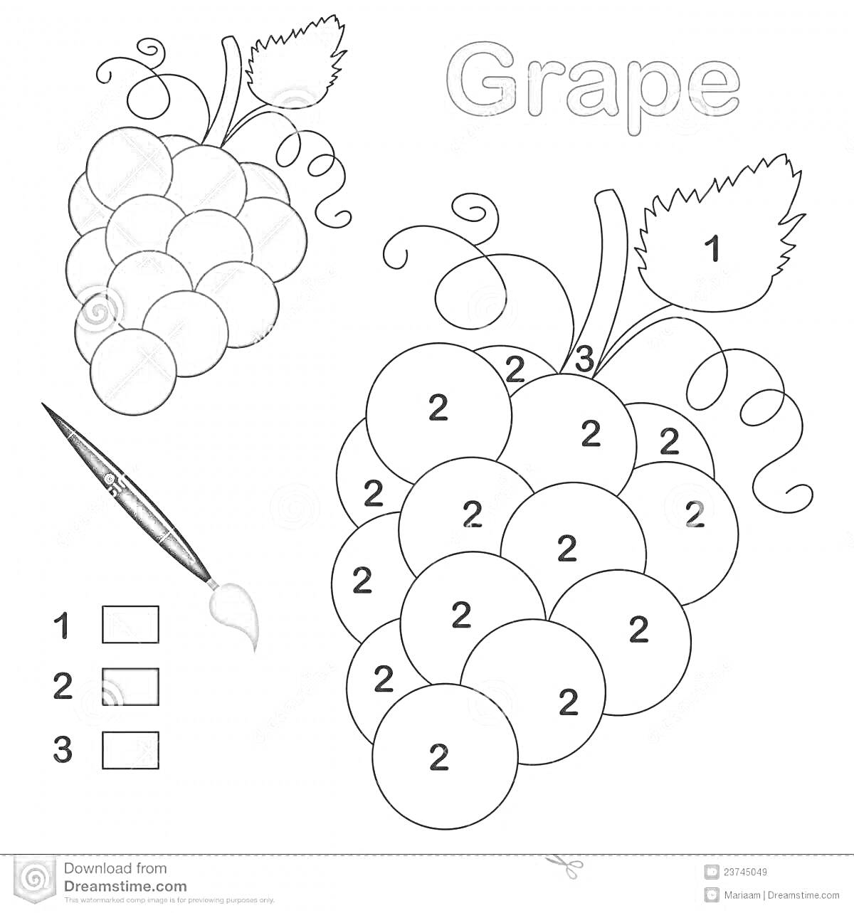 Раскраска раскраска по цифрам виноград с кисточкой и цветами