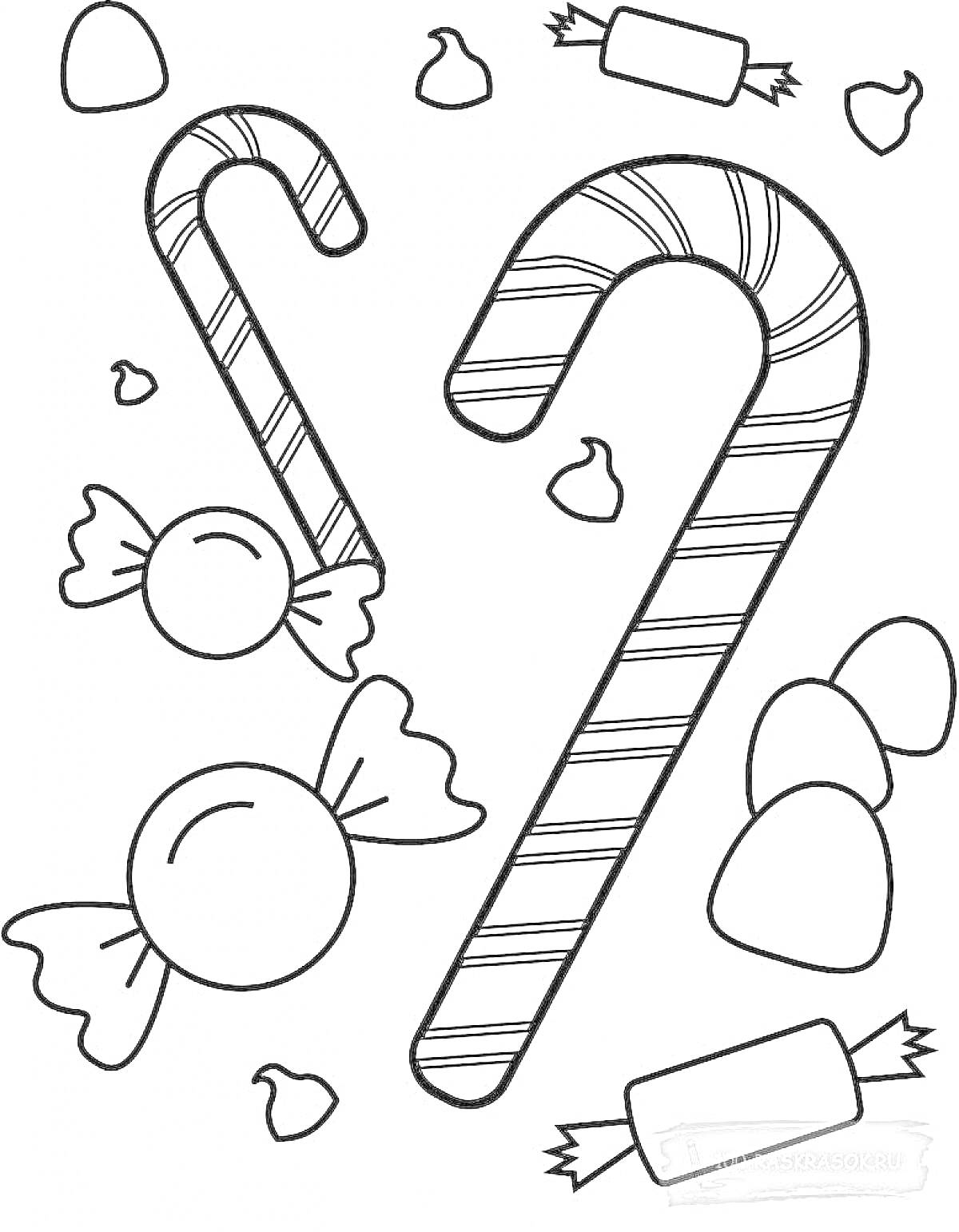 На раскраске изображено: Конфеты, Сладости, Карамель, Конфетная трость, Новый год