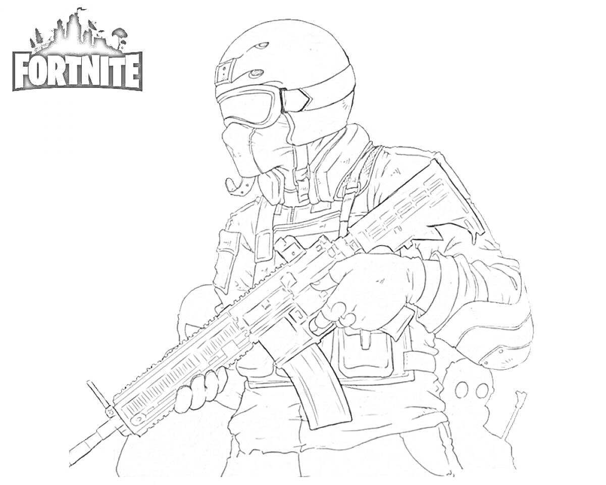 Раскраска Военный персонаж с штурмовой винтовкой из Fortnite, в шлеме и очках