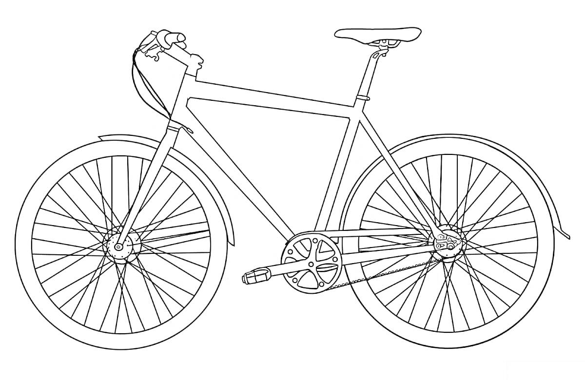 На раскраске изображено: Велосипед, Рама, Седло, Педали, Колёса, Руль, Спорт, Транспорт