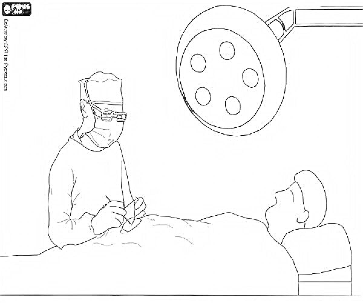 Раскраска хирург проводит операцию в операционной с пациентом на операционном столе и хирургической лампой