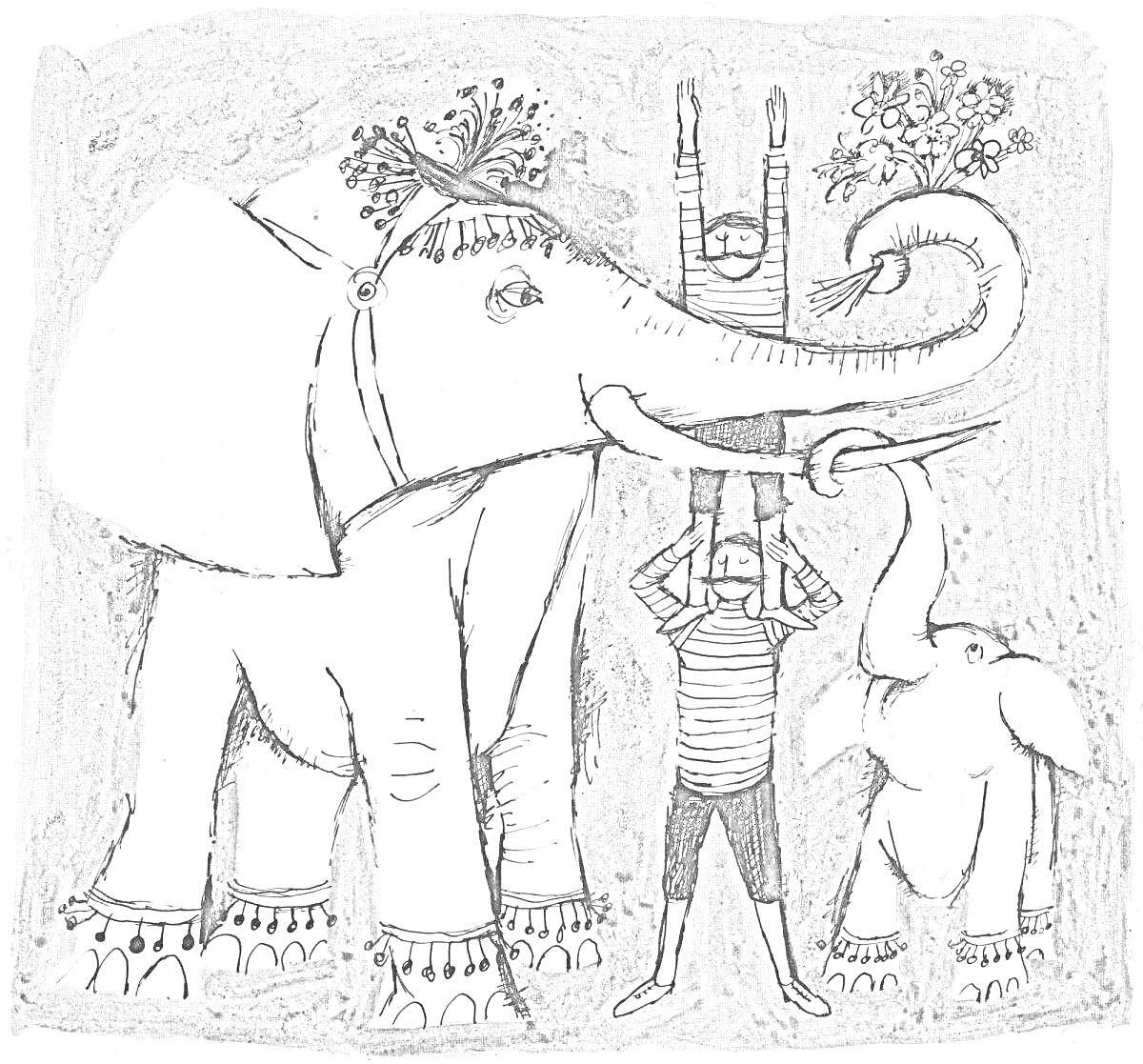 Раскраска Большой слон с цветочным венком на голове, маленький слон, два акробата в шапочках и полосатых одеждах, один держит цветочный венок ногами, второй поднимает третьего, который стоит на руках в поднятых руках второго.