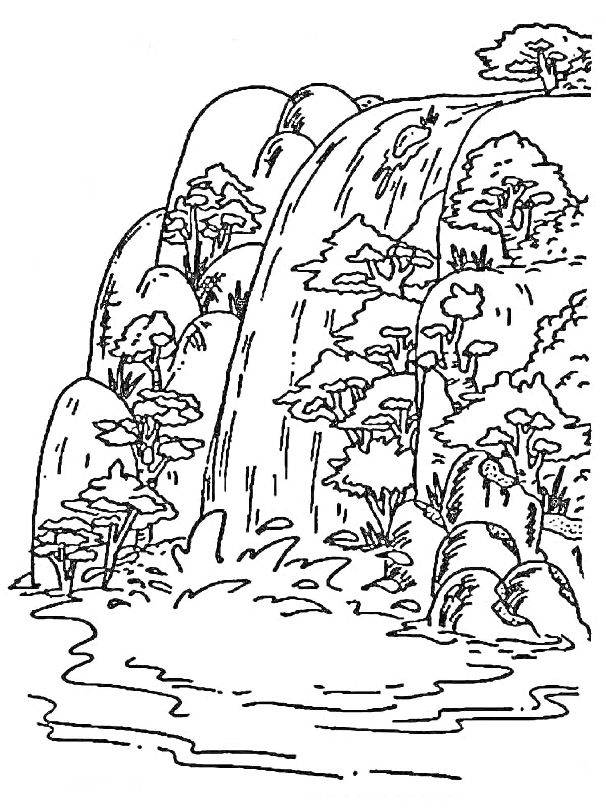 На раскраске изображено: Водопад, Горы, Деревья, Скалы, Природа, Вода, Пейзаж