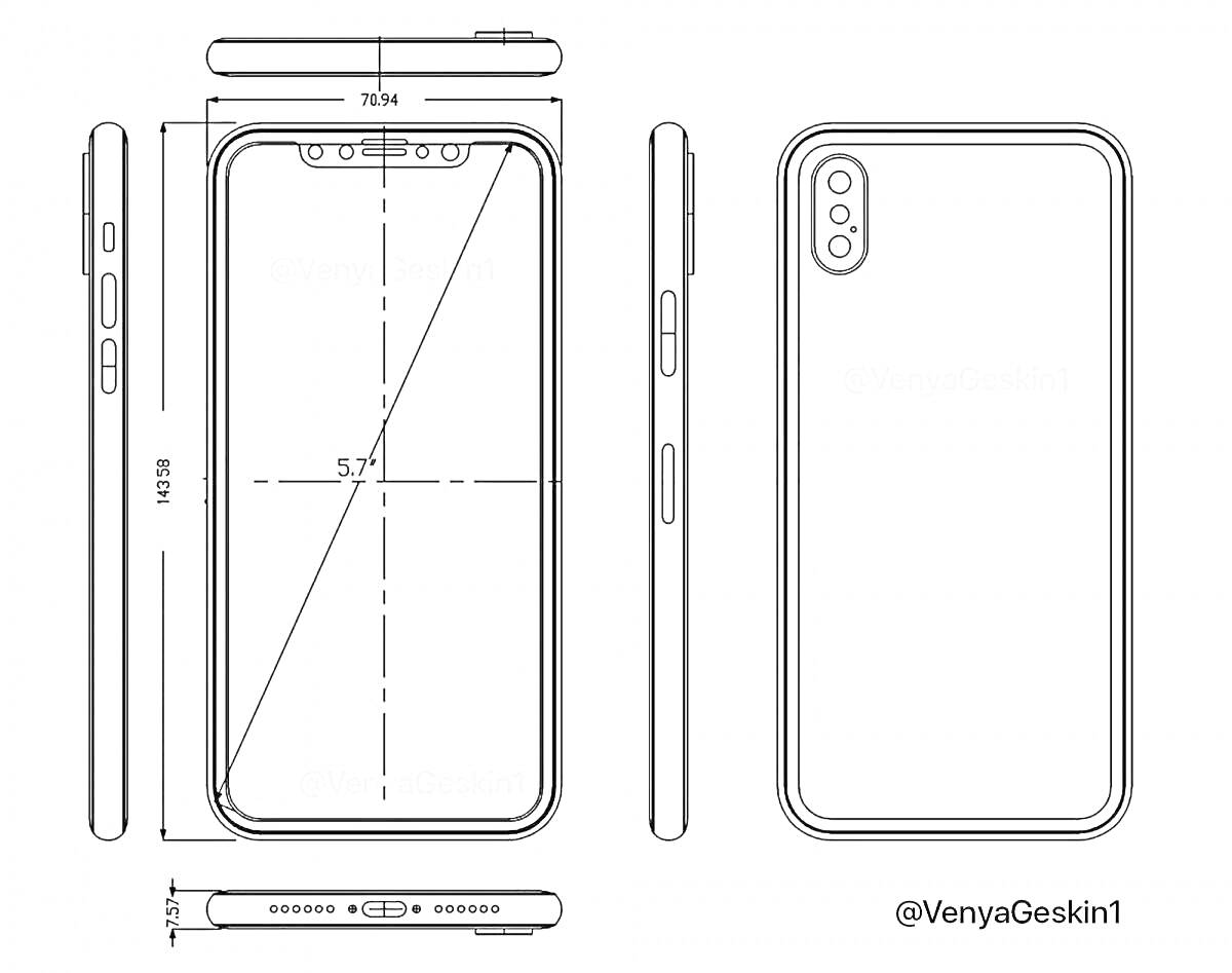 Схематичное изображение смартфона Xiaomi с обзором спереди, сзади, сбоку и сверху, видны кнопки регулировки громкости, кнопка питания, разъемы и задняя камера с двумя объективами.