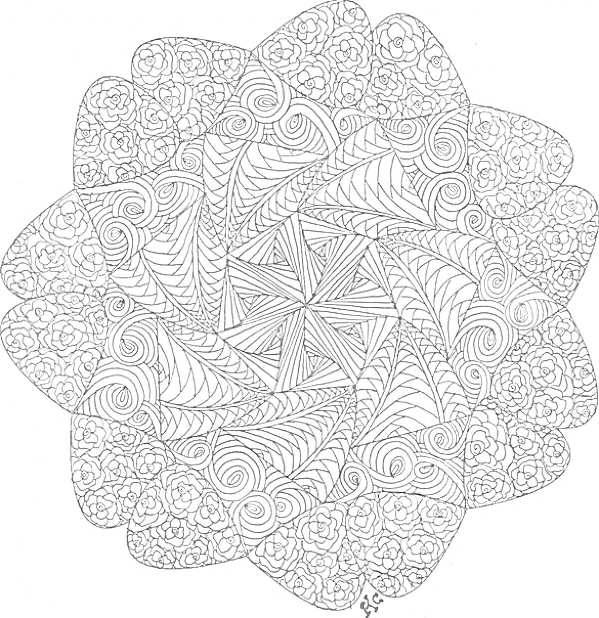 Раскраска Цветочный узор с абстрактными элементами (спирали, линии, узоры)