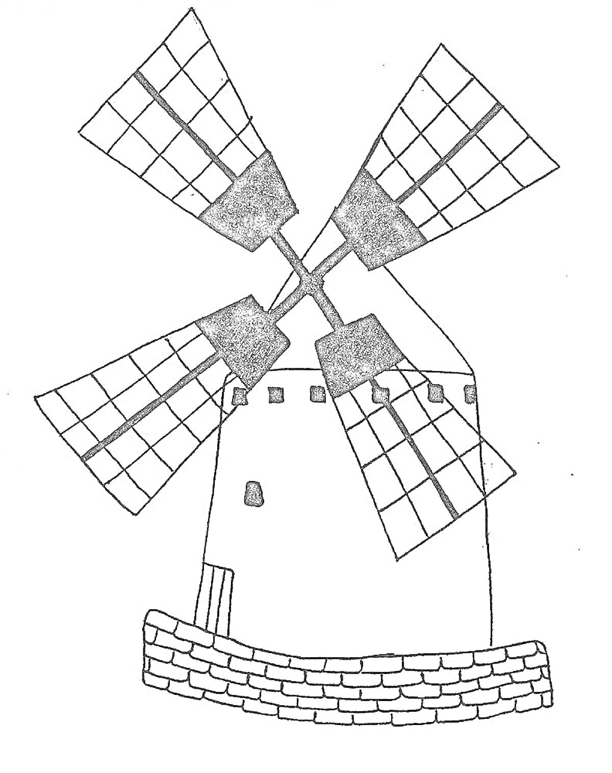 На раскраске изображено: Мельница, Лопасти, Здание, Кирпичная стена