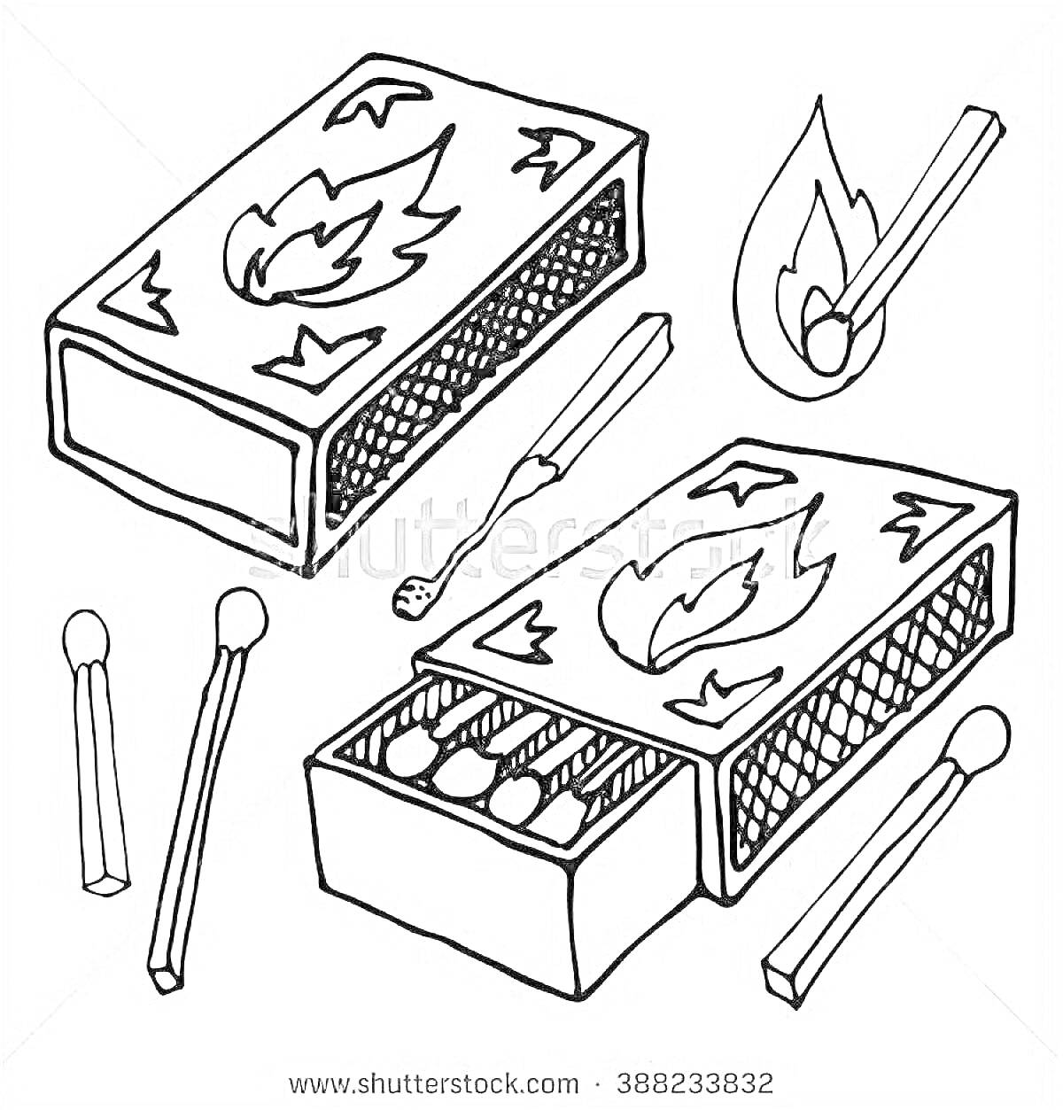 Раскраска Две спичечные коробки с изображением огня, одна открытая с видимыми спичками внутри, одна щепка и три отдельные спички, одна из которых горит