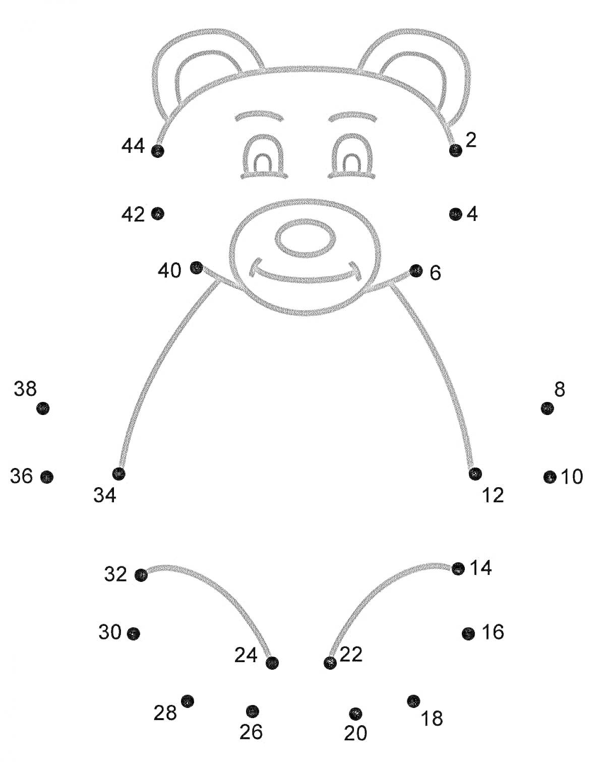Раскраска Медведь по точкам, состоящий из очертания головы, ушей, мордочки и лап.