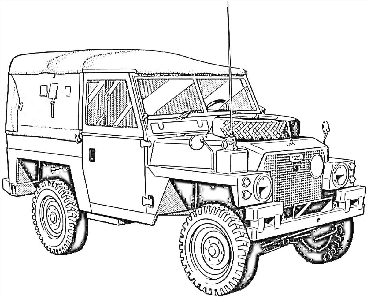 На раскраске изображено: Военный джип, Радиостанция, Внедорожник, Колёса, Крыша, Фары, Бампер, Козырек