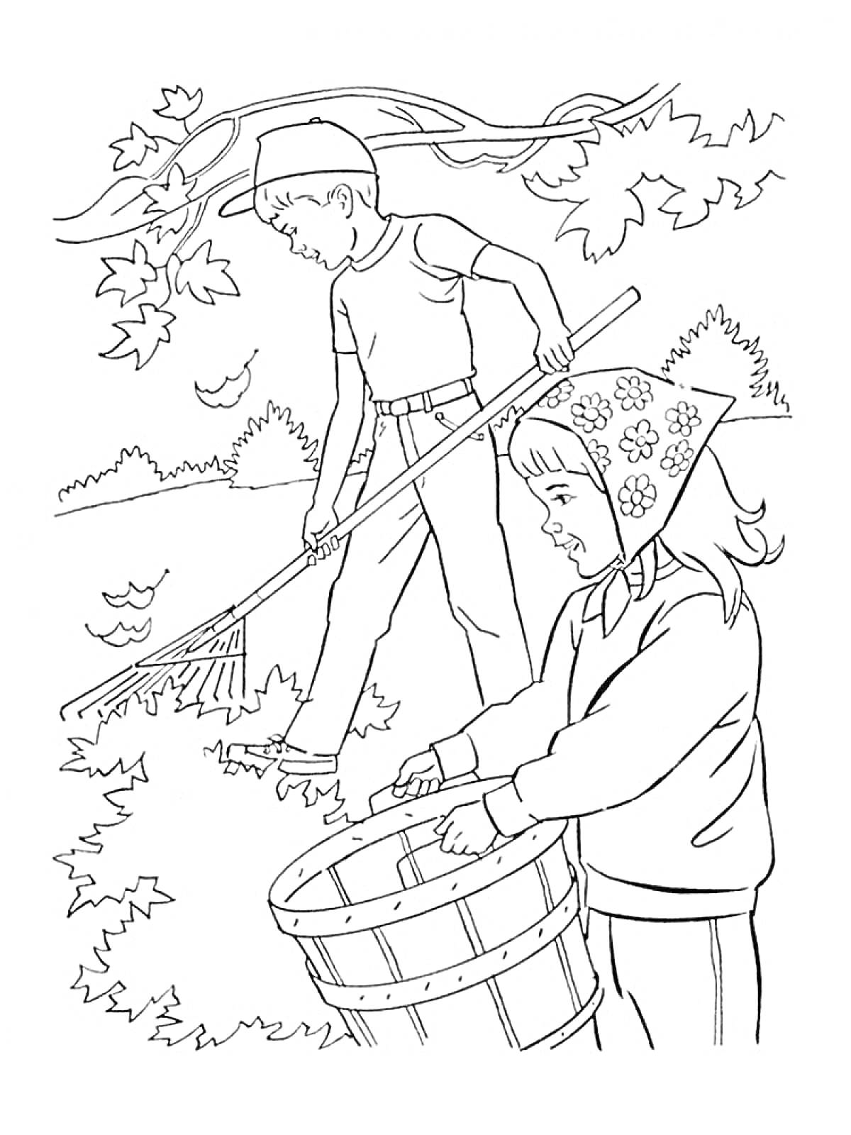 Раскраска Дети убирают опавшие листья осенью. Мальчик сгребает листья граблями, девочка держит корзину.