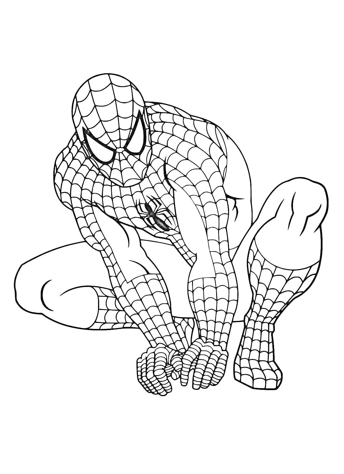 На раскраске изображено: Человек-паук, Костюм, Паутина, Комиксы
