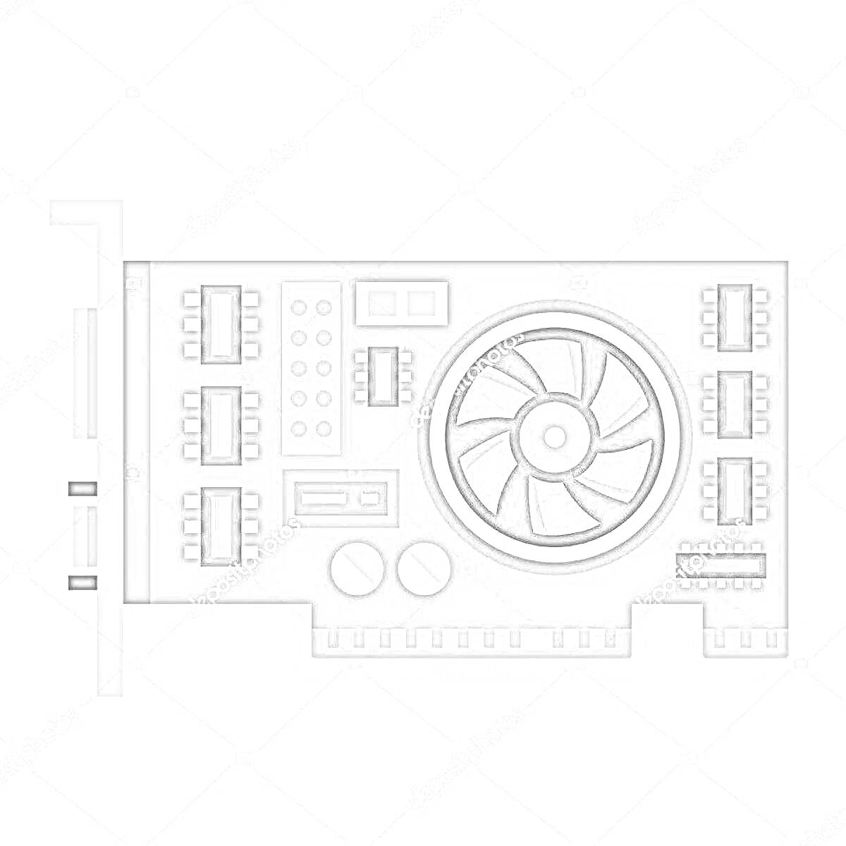 Видеокарта с вентилятором, конденсаторами и разъёмами