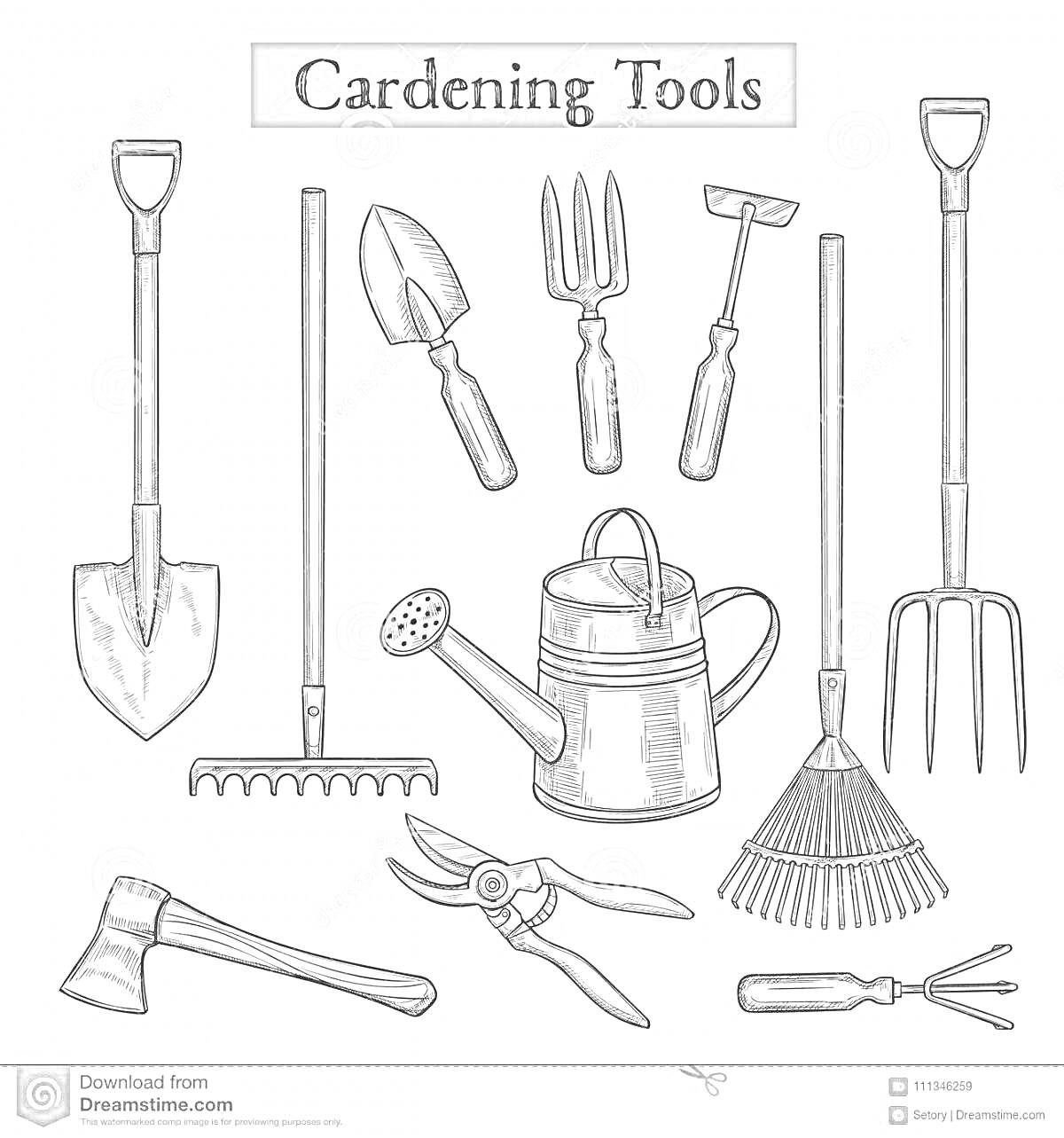 Орудия труда для сада (Gardening Tools): лопата, грабли, малый садовый совок, вилка для прополки, мотыжка, малые грабли, топор, секатор, лейка.