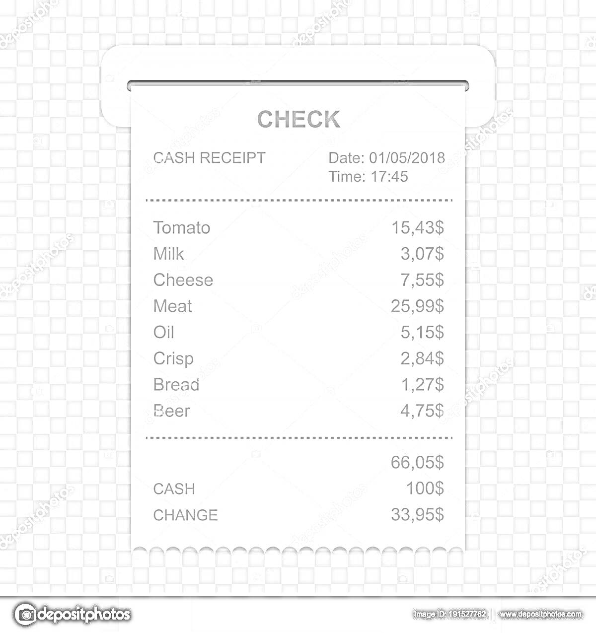 Раскраска Чек с указанием покупок (томат, молоко, сыр, мясо, масло, чипсы, хлеб, пиво), даты (01/05/2018) и времени (17:45)