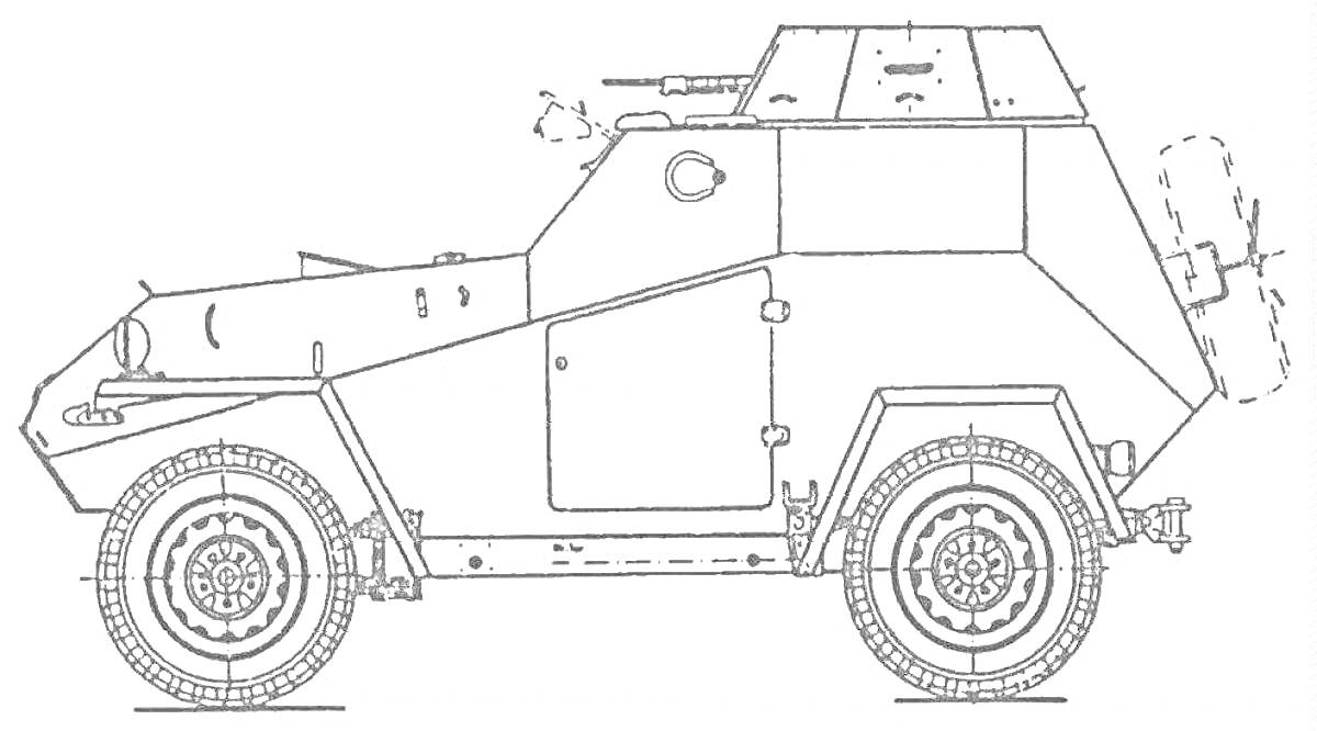 На раскраске изображено: Броневик, Пушка, Броня, Колёса, Люк, Дверь, Военная техника