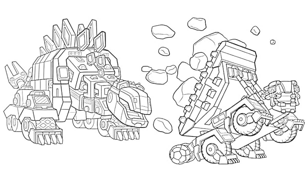Раскраска Скричеры в форме динозавров: стегозавр и трицератопс, окруженные камнями