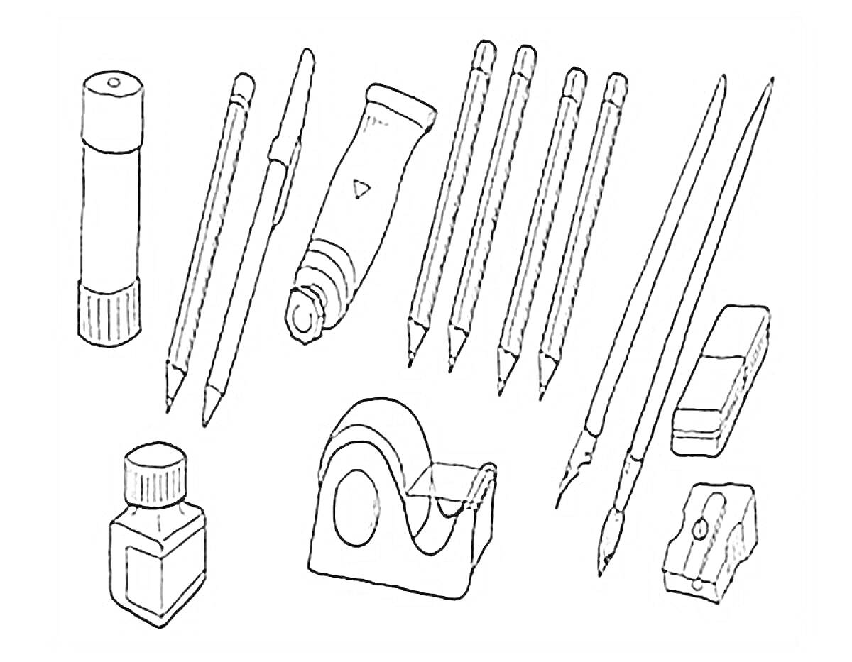 На раскраске изображено: Школьные принадлежности, Ручка, Клей, Ластик, Точилка, Скотч, Чернила