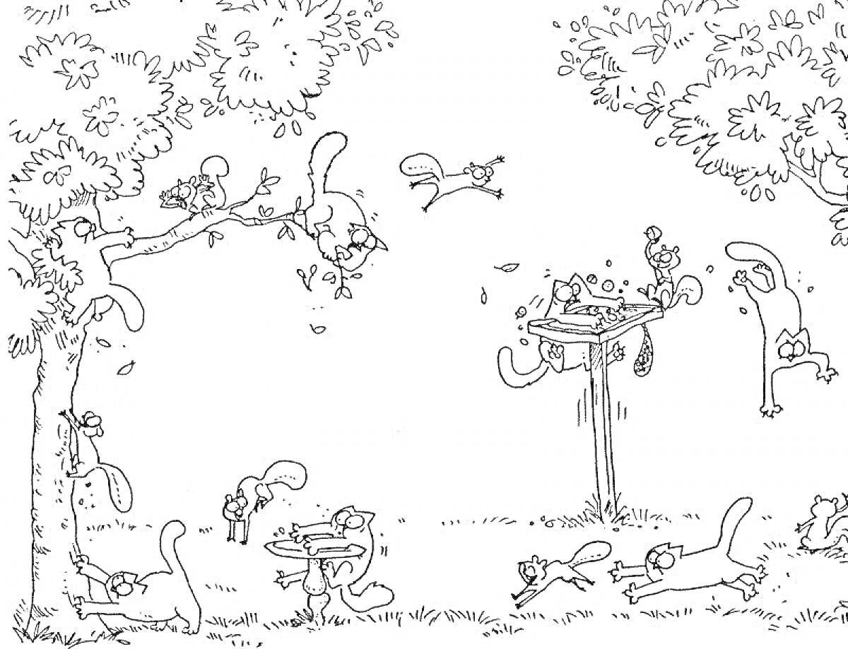 Раскраска кот Саймон на лужайке с деревьями, прыгает, лазает, играет, кормушка для птиц