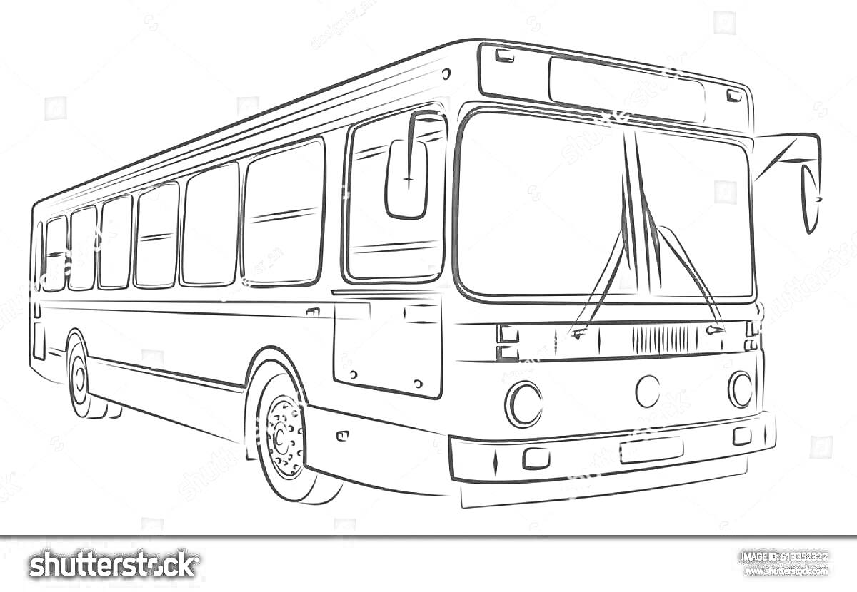 Раскраска Раскраска автобуса ПАЗ-3205 с детально прорисованными окнами, дверями, фарами, колесами и стеклоочистителем