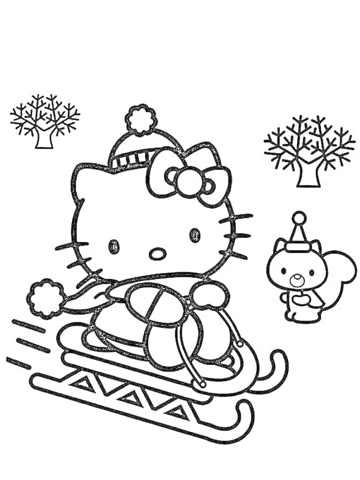  Hello Kitty катается на санках с белкой, деревьями и снегопадом