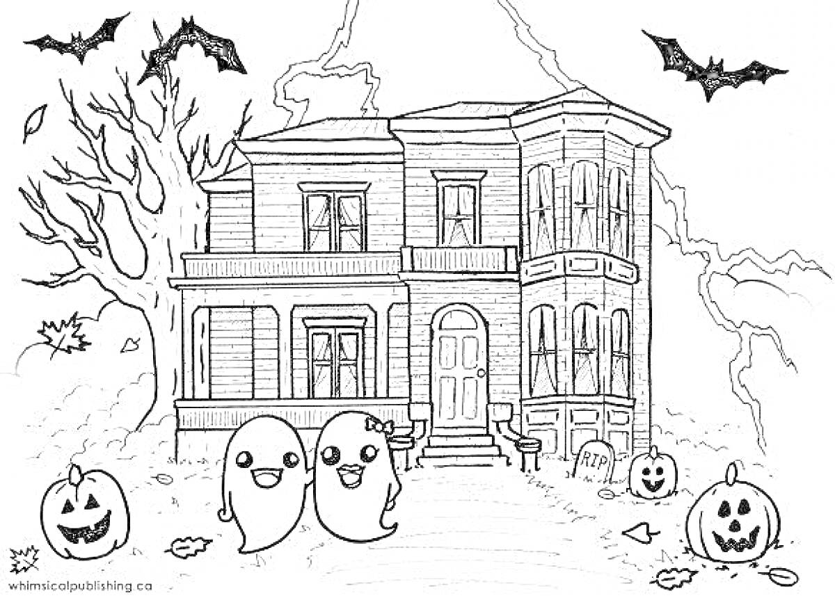 На раскраске изображено: Дом, Привидения, Хэллоуин