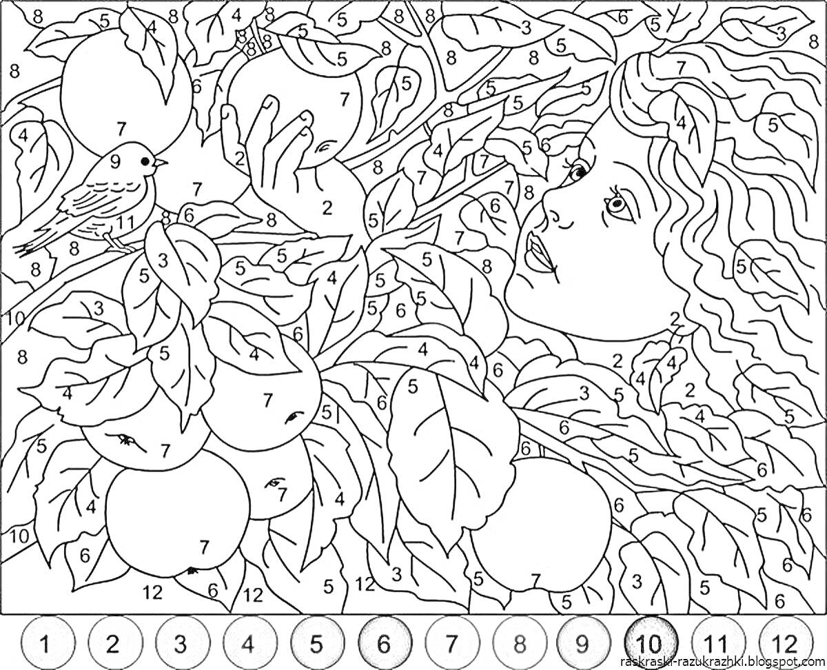 На раскраске изображено: Сад, Плоды, Листья, Птица, Природа, Деревья, Девочка