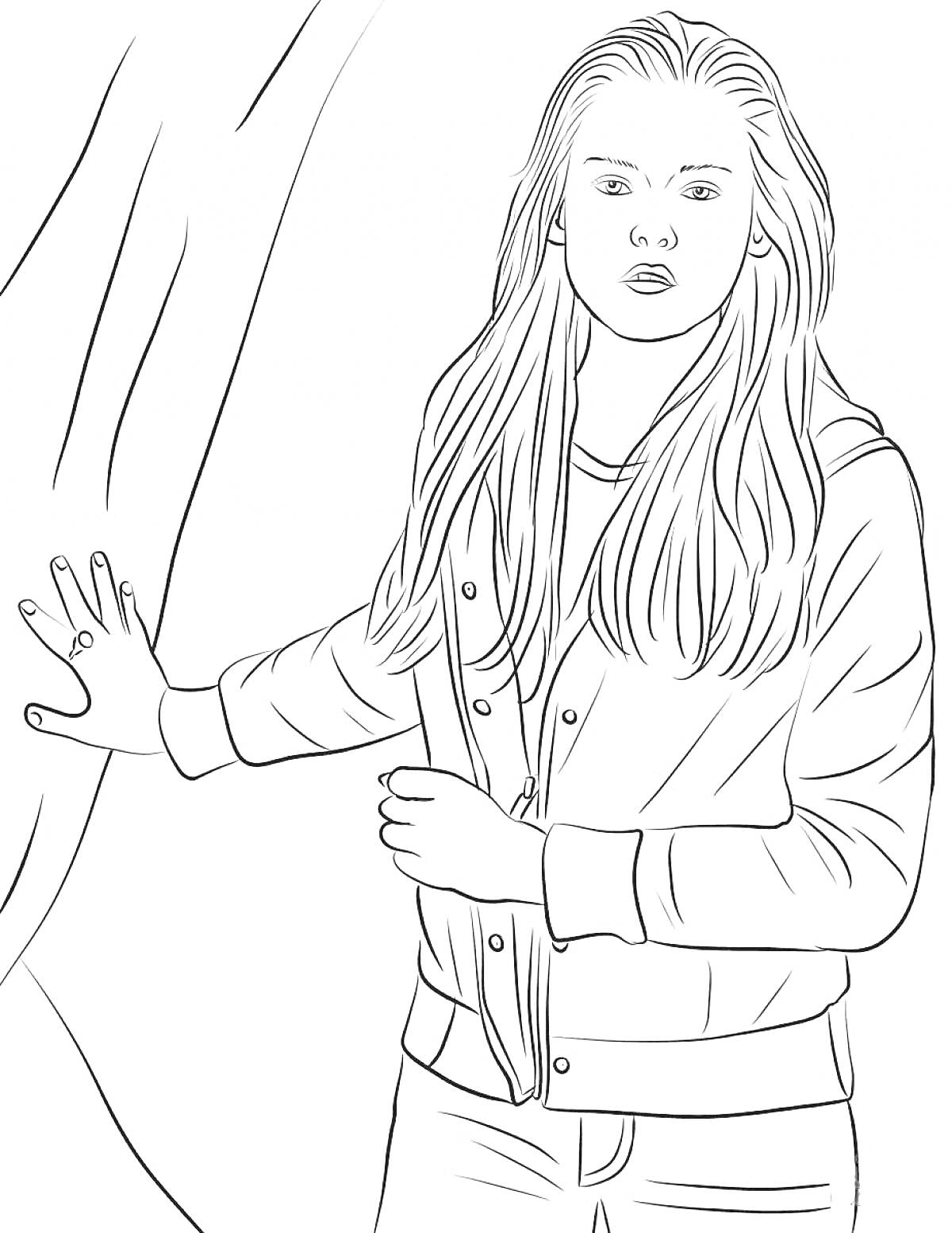 Раскраска Девушка у дерева, одетая в куртку и с длинными волосами.