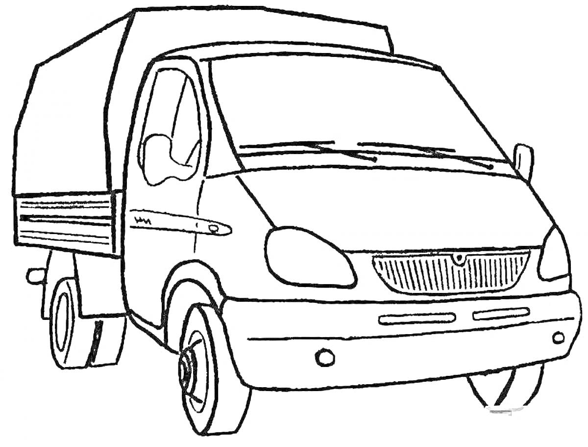 На раскраске изображено: Газель, Транспорт, Для мальчиков, Фургон, Колёса, Грузоперевозки