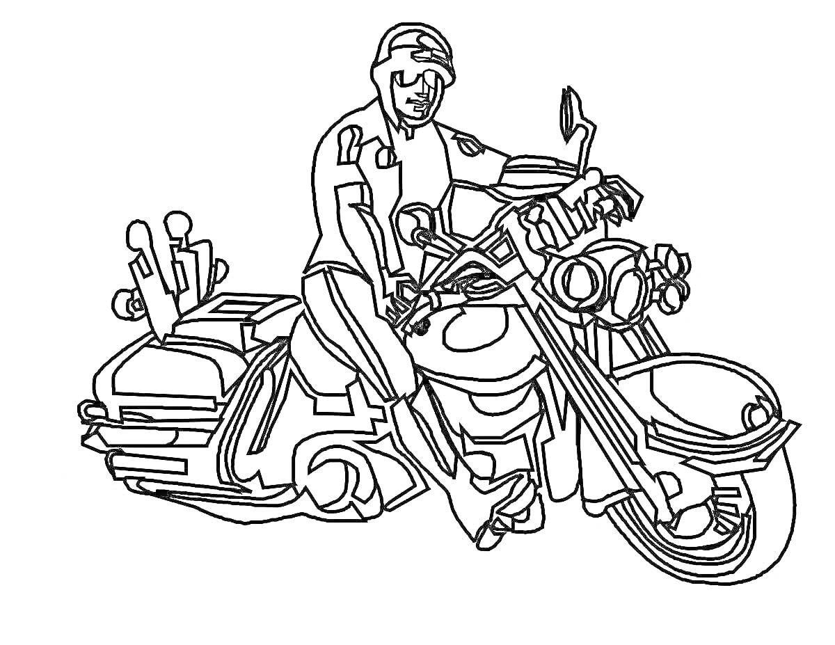 На раскраске изображено: Мотоцикл, Мигалки, Багажник, Транспорт, Полиция, Защитный шлем, Патруль
