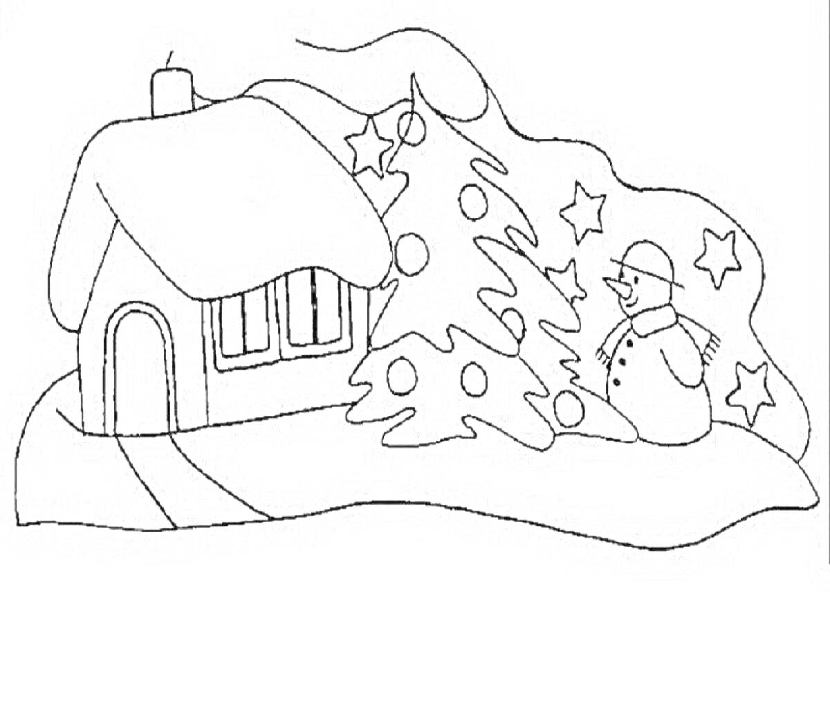 На раскраске изображено: Зимний домик, Снег, Звезды, Зима, Новогоднее настроение