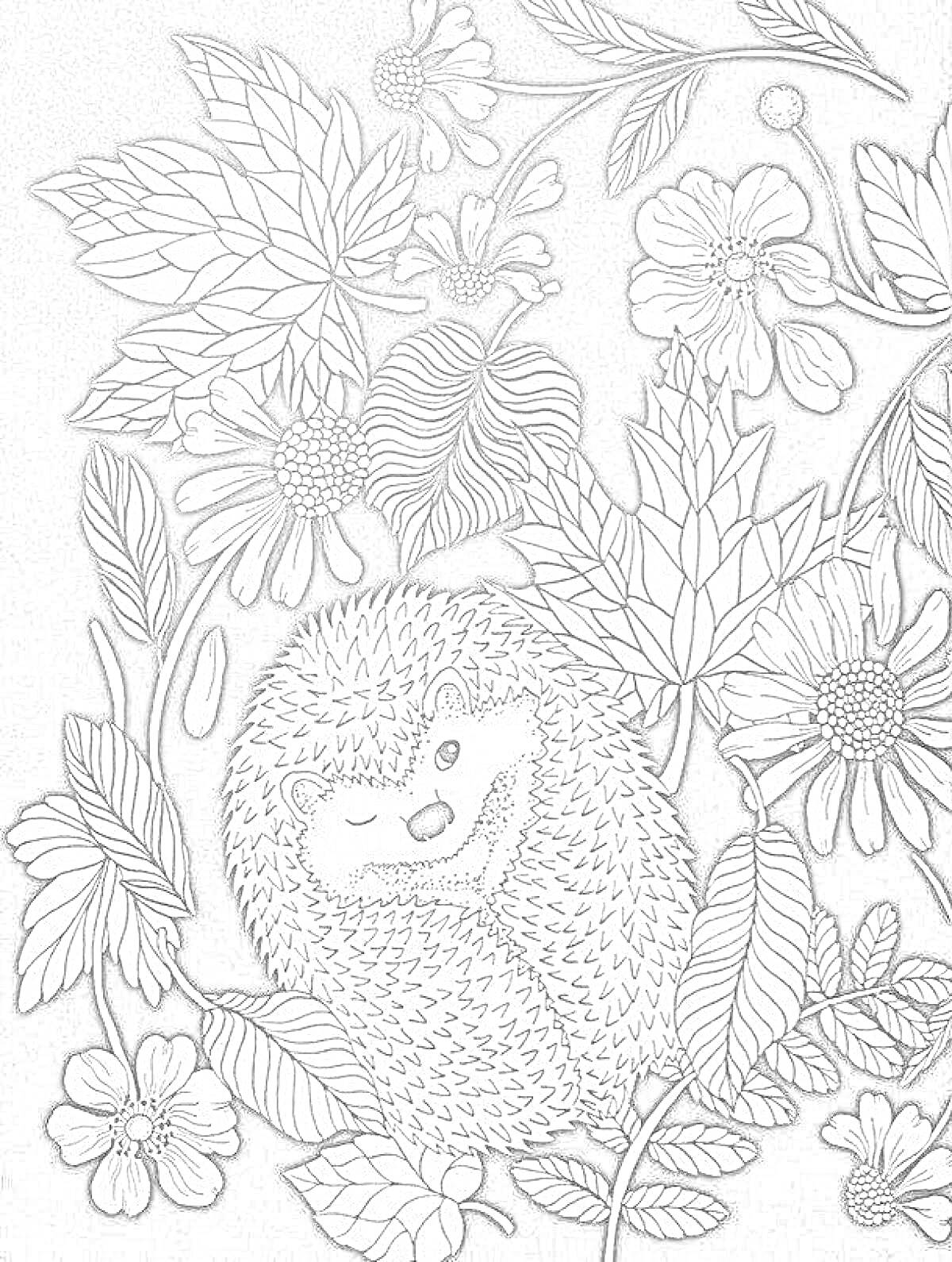 Раскраска Ёж с цветами и листьями - ёжик, окруженный большими листьями и разными цветами