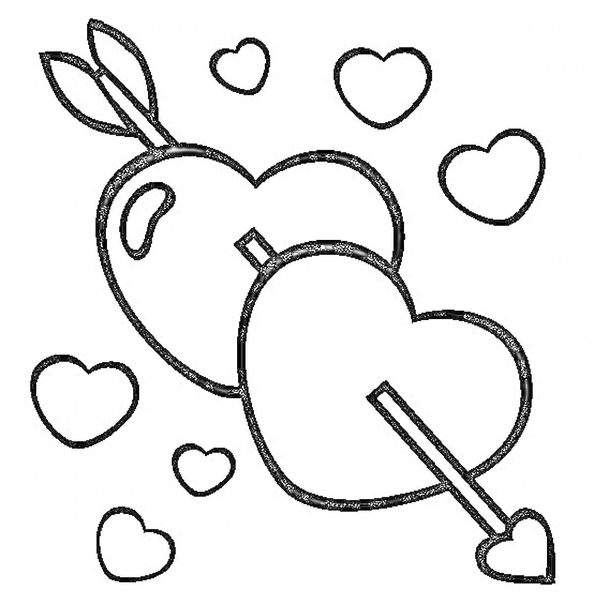 Раскраска Два сердца, пронзенные стрелой, окруженные маленькими сердечками