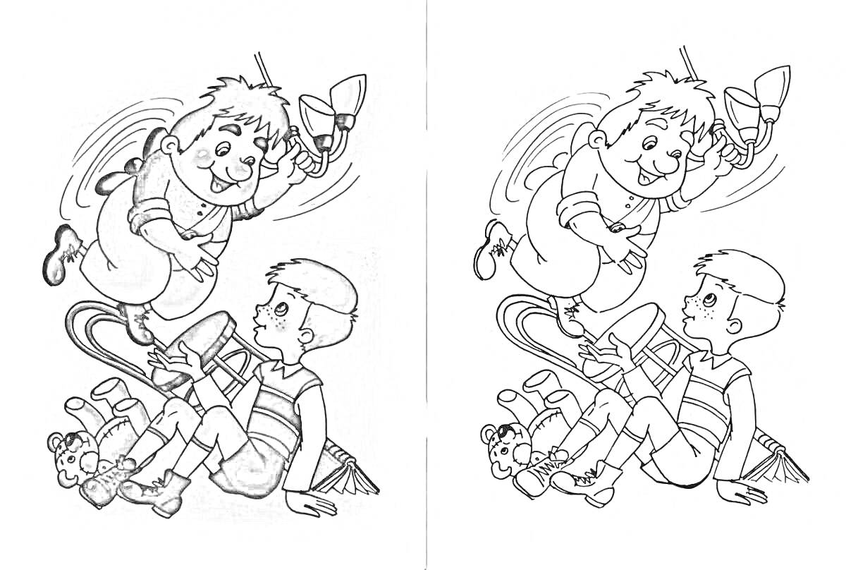 На раскраске изображено: Карлсон, Мальчик, Игрушечный медведь