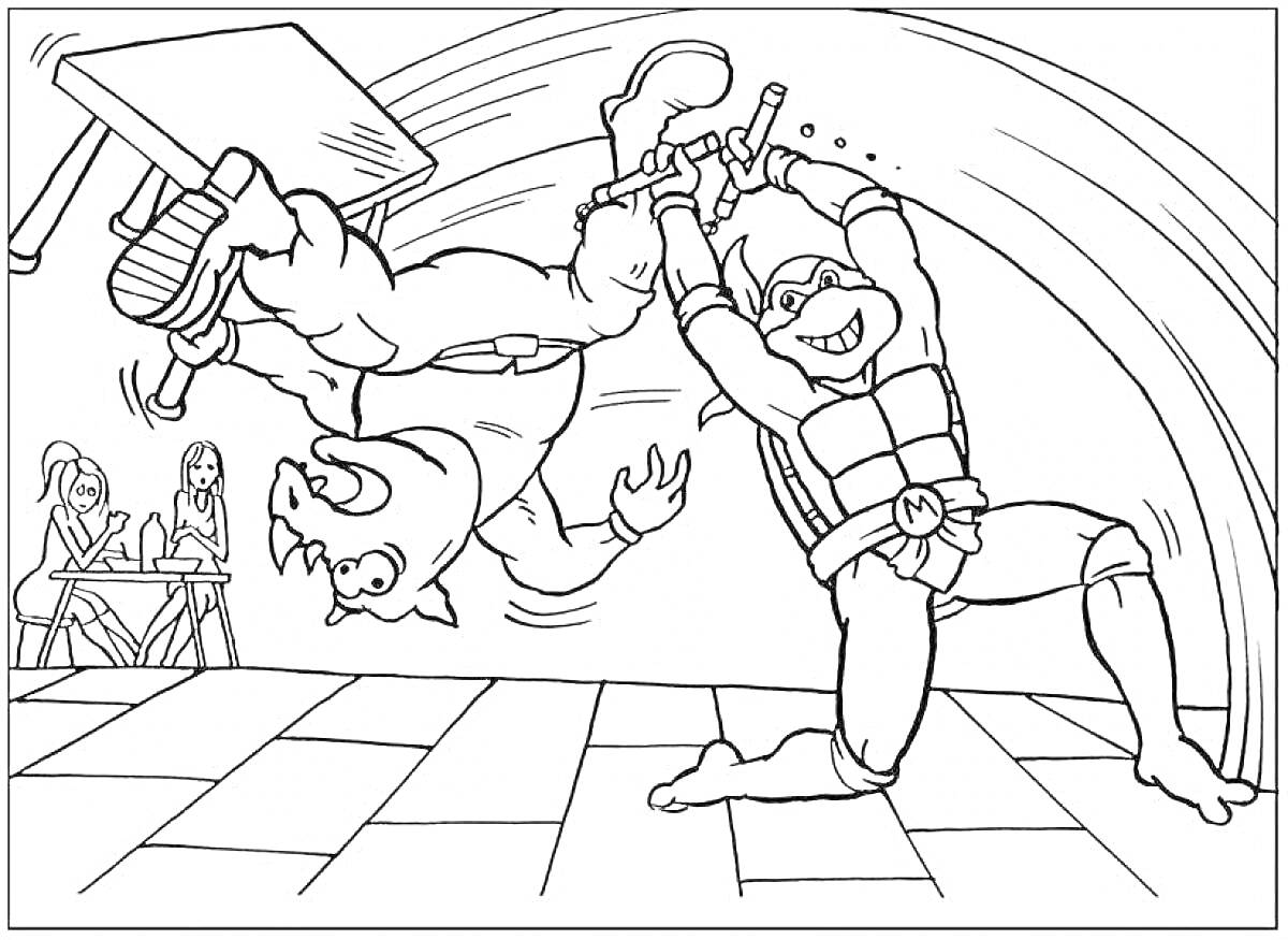 Раскраска Сцена драки с мутантом и героем, переворачивающим противника с мебелью на заднем плане и зрителями