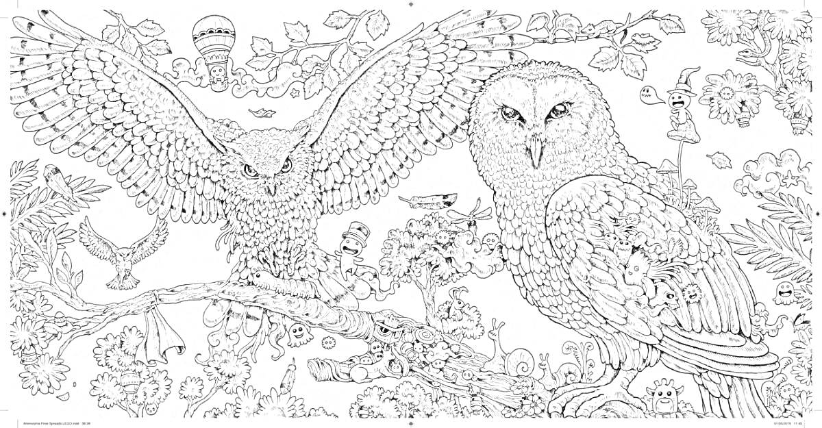 Раскраска Орлы и совы среди ветвей и листвы