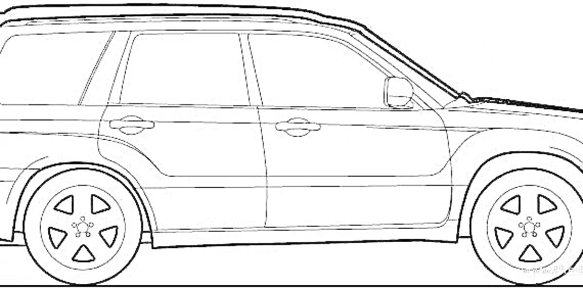 Раскраска Subaru Forester, боковой профиль, дверь водителя, задняя дверь, окна, боковые зеркала, диски колес, крыша
