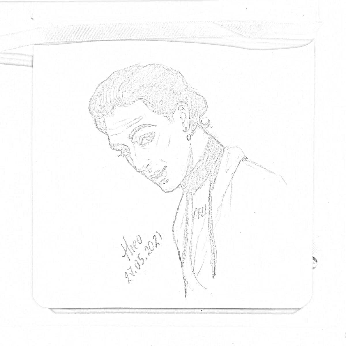 Раскраска Рисунок человека со стильной прической и серьгой в ухе на бумаге с лентой