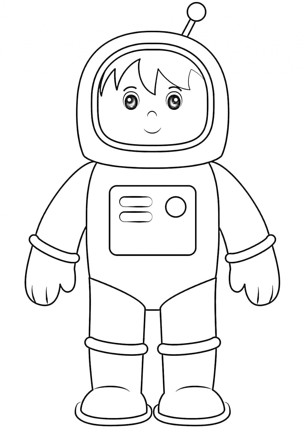 Раскраска Космонавт в скафандре с шлемом и антеннами, улыбающийся