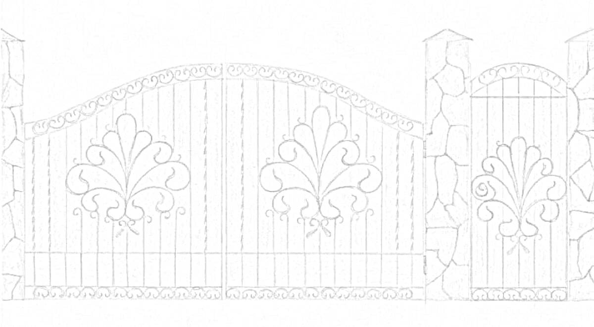 Раскраска Ворота с центральным и боковым элементами и декоративными узорами