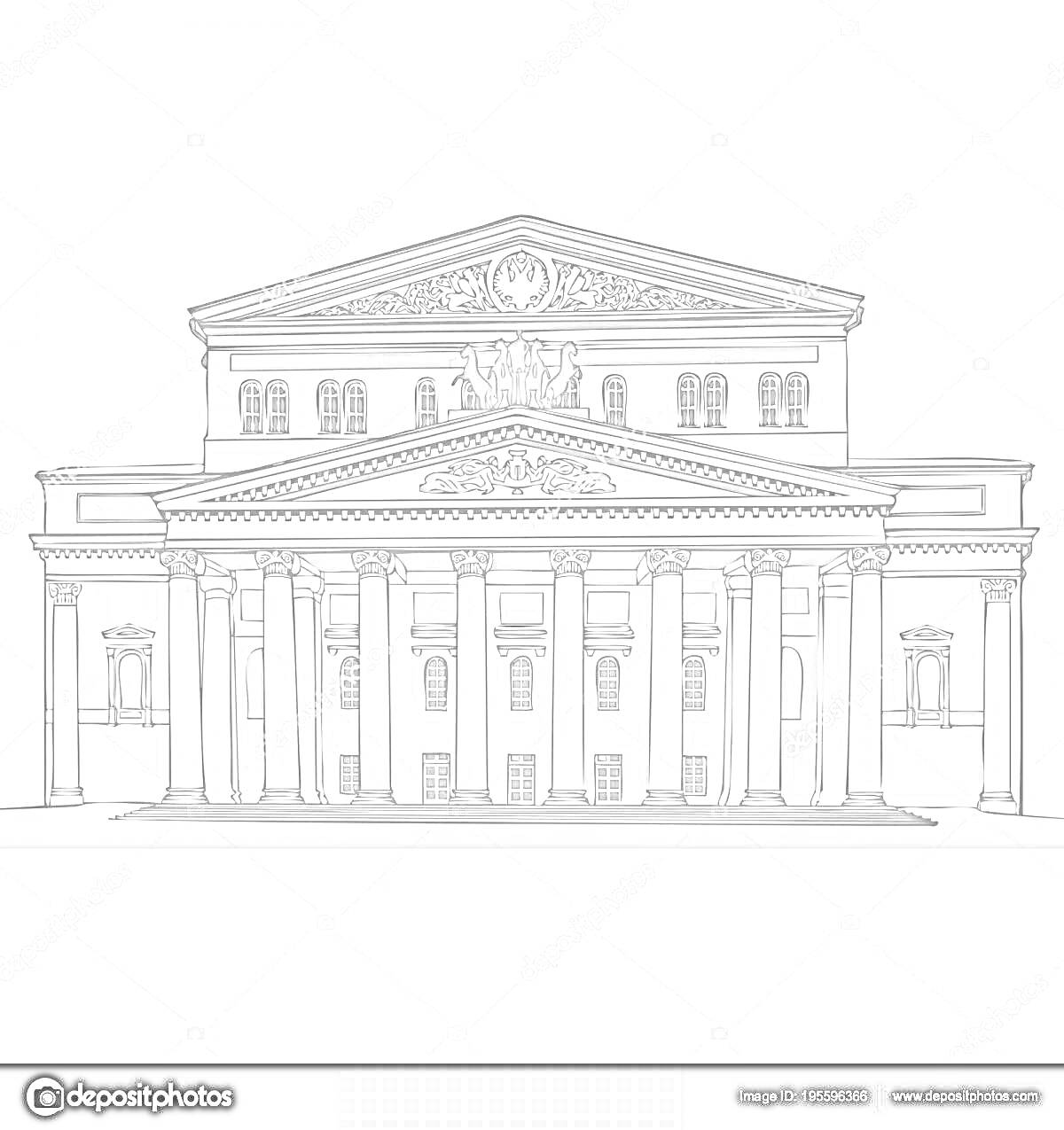 Раскраска Большой театр, фасад здания с колоннами и архитектурными элементами